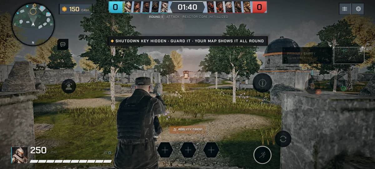 A live match in Infinite Insanity on a phone held sideways: minimap, cash, the round clock, health and ability slots, with the touch controls on top.