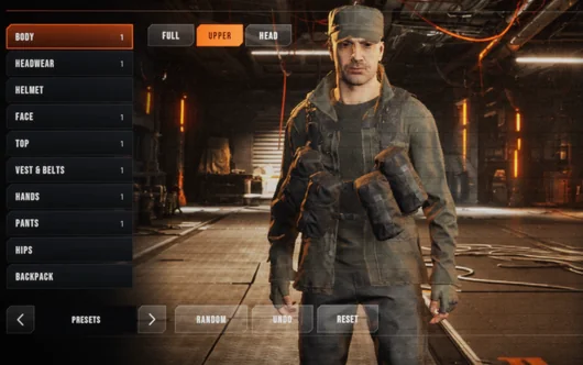 The character creator: a list of slots from headwear and helmet to vest and belts, pants and backpack, beside a soldier in a cap, field jacket and pouch vest.