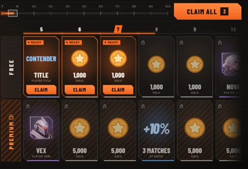 The Battle Pass: a free track and a premium track of rewards, tier by tier.