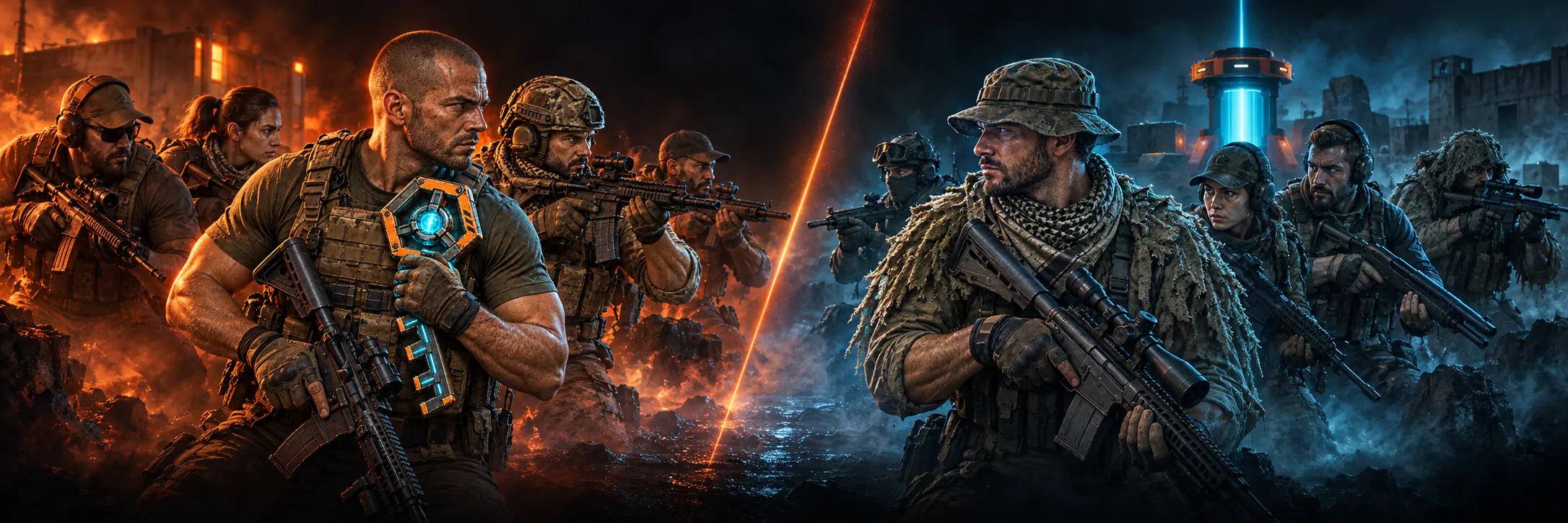 Five attackers lit orange on the left, one of them holding the key, and five defenders lit cyan on the right, split by an orange stroke.