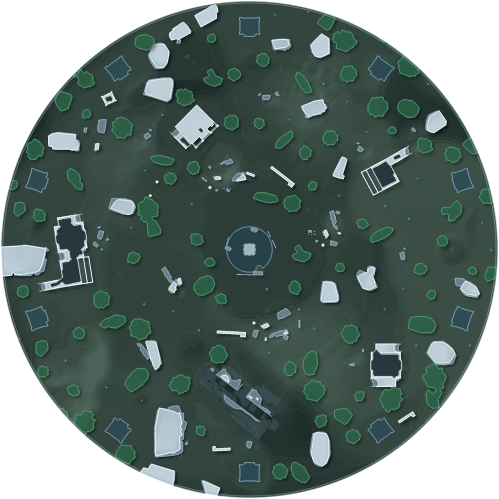 The Reactor Assault Arena minimap: a round island with the reactor in the middle and ten bases around its edge.