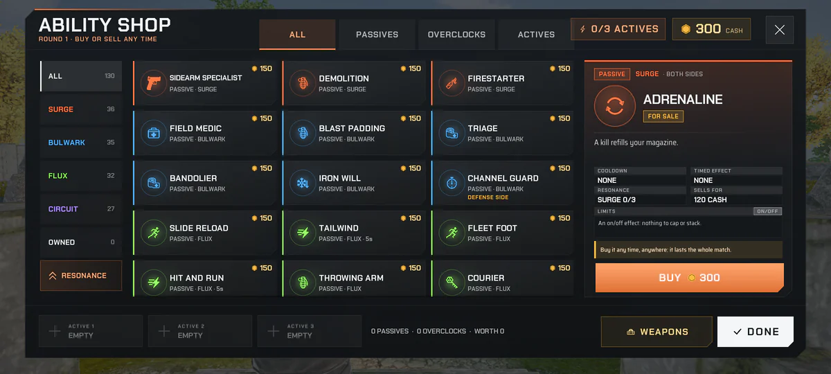 The ability shop in a match: Surge, Bulwark and Flux cards with their prices, the cash readout and three empty active slots.
